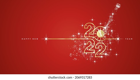 New Year 2022 midnight countdown clock line design firework champagne gold white red background vector
