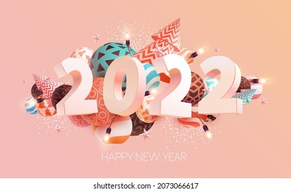 New year 2022. Numbers with christmas decoration. 3D greeting card design.