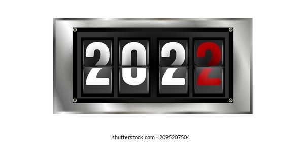 New year 2022. Numbers on mechanical scoreboard. 3d vector illustration on black background. Mechanical scoreboard with numbers 2022. Realistic mechanical counter