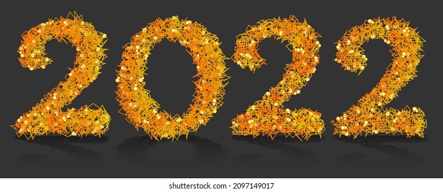 Neujahr 2022, Zahlen in Schriftart aus verworrenen scharfen Linien. Abstrakte Zahlen des neuen Jahres. Vektorgrafik einzeln auf dunklem Hintergrund
