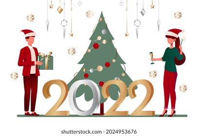 New Year 2022. People celebrating coming of new year. Man and woman stand with champagne against background of christmas tree. Decorated numbers. Flat vector illustration isolated on white backdrop