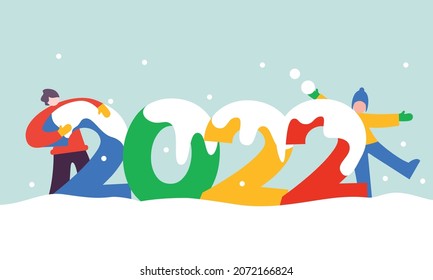 Año Nuevo 2022: Gente jugando en la nieve. Estilo plano del vector de fondo simple