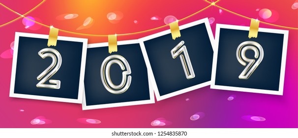 New year 2022  Photo garland set glued with gold adhesive tape . Realistic collage with sticker on white borders and shadow. Metal numerals 