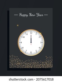 Neujahr 2022 Poster mit Uhr in goldenem Farbverlauf.
