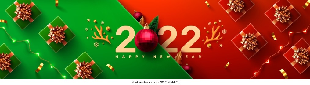 Neujahr 2022 Werbeplakat oder Banner mit Geschenkbox und Weihnachtselementen für den Einzelhandel, das Einkaufen oder die Weihnachtsförderung.Neujahr 2022 Symbol mit roten Kugelschmuck.Vektorgrafik eps10