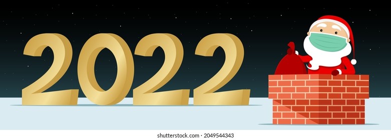 New Year 2022. Santa in mask sitting in chimney. Vector illustration.