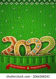 New Year 2022 in shape of gingerbreads in knitted pocket. Jumper fragment with year number like cookies