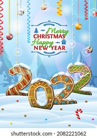 New Year 2022 in shape of gingerbreads in snow. Winter landscape with cookies, christmas decoration, congratulation