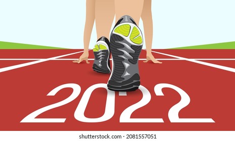 New year 2022 start concept. Number 2022 written on the road and athlete runner preparing for new year, achieving new goals. Close up sneakers. Concept of challenge, or career path, or changes. Vector