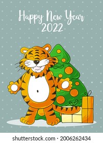 New year 2022. Symbol of 2022. New Year card in hand draw style. Christmas tree, gifts