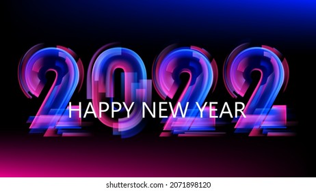 New Year 2022. Template for Christmas cards, web banners, flyers and holiday invitations. Bright colorful transparent multi-layered vector numbers. 3D effect. New Year symbol. Red-violet shades.