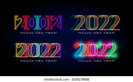 New Year 2022 Typography Neon Lighting, Cyberpunk Futuristic Style. Design For Rave Christmas Party, Holiday Event Poster, Banner, Flyer, Calendar, Card, Invitation. Ui And Hud App Interface. Vector