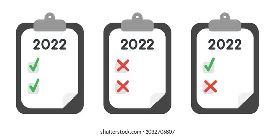 New year 2022 vector concept, clipboard with paper, checkboxes, check marks and cross marks. Flat colored style.