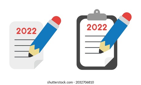 New year 2022 vector concept, paper and clipboard, pencil writing. Flat colored style.