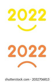 Nuevo año 2022 concepto vectorial, feliz e infeliz, sonriendo y enfurruñando bocas con 2022. Estilo de color plano.