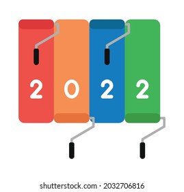 New year 2022 vector concept, paint rollers, paint in 4 different colors. Flat colored style.