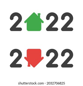 Nuevo año 2022 concepto de vectores, sobre los precios de los bienes inmuebles, el aumento y la caída de los precios de la vivienda. Estilo de color plano.