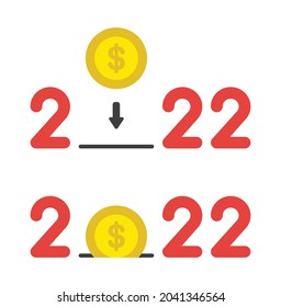 Neujahr 2022 Vektorkonzept, Dollar-Münze und sparen Geld. Flachfarbener Stil.