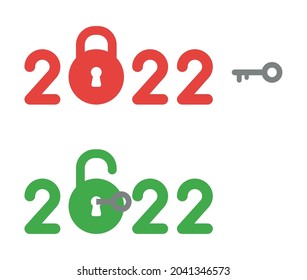 Nuevo concepto vectorial de año 2022, candado en lugar de cero, candado de desbloqueo de llave. Estilo de color plano.