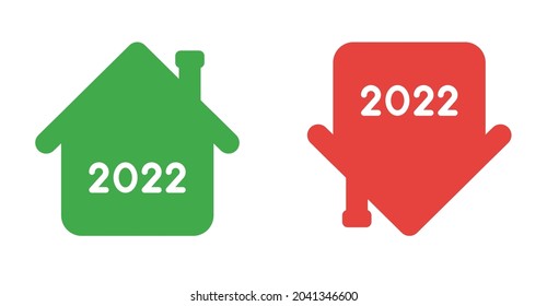 New year 2022 vector concept, house, property prices increase or falll. Flat colored style.