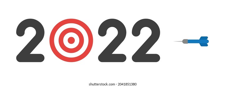 New year 2022 vector concept, bulls eye instead of zero and dart, hit the target. Flat colored style.