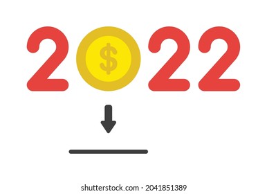 Nuevo año 2022 concepto de vectores, moneda en dólares en lugar de cero, ahorra dinero. Estilo de color plano.