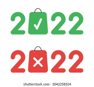 New year 2022 vector concept, shopping bags with check mark and x mark instead of zero. Flat colored style.