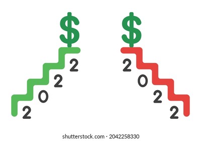 New year 2022 vector concept, stairs up, down and dollar on the top. Flat colored style.