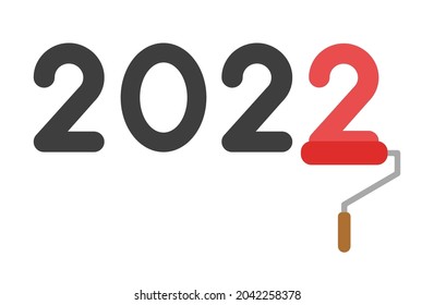 New year 2022 vector concept, paint roller and painting. Flat colored style.