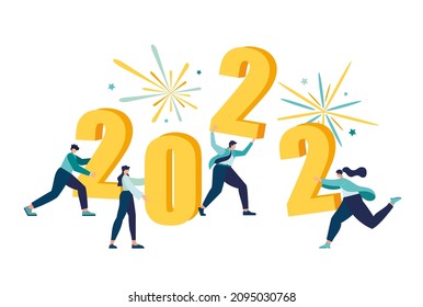 Año Nuevo 2022. Ilustración vectorial: poca gente se prepara para el Año Nuevo, se dedican a la decoración, la inscripción Año Nuevo 2022