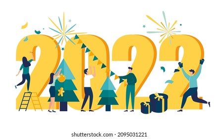 New Year 2022 Vector illustration little people are preparing for the New Year, are engaged in decoration, the inscription New Year 2022