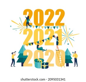 Año Nuevo 2022. Ilustración vectorial: poca gente se prepara para el Año Nuevo, se dedican a la decoración, la inscripción Año Nuevo 2022
