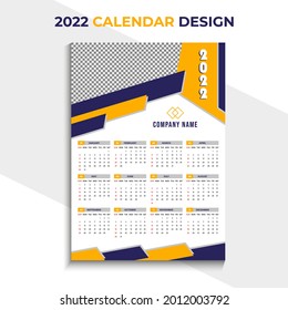 New year 2022 wall calendar template design. Colorful wall calendar for business. Week Starts Sunday