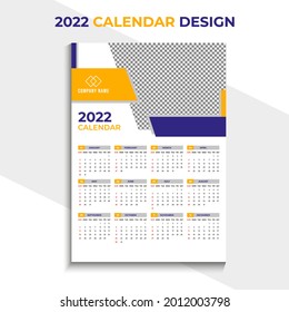 New year 2022 wall calendar template design. Colorful wall calendar for business. Week Starts Sunday