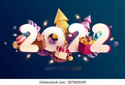 New year 2022. White numbers with gifts colorful christmas decoration. Festive greeting card design.