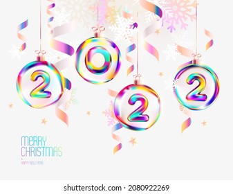 New Year 2022.Colorful number in glass  iridescent bauble. Christmas decoration. Greeting card design.