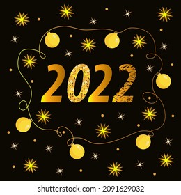 Año nuevo 2022.Tarjeta de Año nuevo de ilustración vectorial. Decoración dorada de Navidad, luces brillantes, guirnaldas, bolas de Navidad, fuegos artificiales, fondo oscuro. Color dorado negro y amarillo.