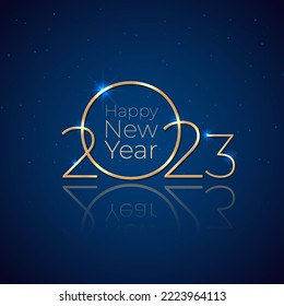 New Year 2023, 23. Holiday greeting card. Shiny golden 2023 on dark blue background. New Year design invitation, calendar, greeting card. Shiny gold logo. Party event decoration. Vector illustration