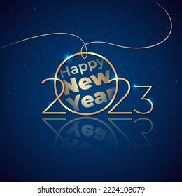 New Year 2023, 23. Holiday greeting card. Shiny golden 2023 on blue background. New Year design for invitation, calendar, greeting card. Shiny gold logo. Party event decoration. Vector illustration