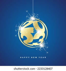 New Year 2023 3d golden realistic 2023 numbers on christmas ball logo with sparkle firework on blue background