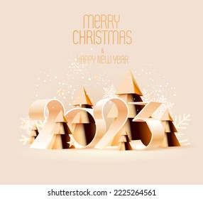 Año nuevo 2023. Diseño numérico 3D con árboles de navidad dorados. Diseño luminoso de tarjetas de felicitación.