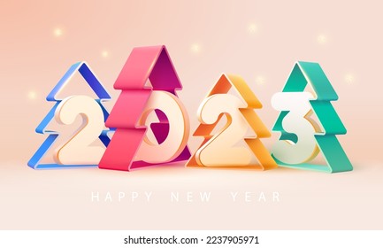 Neues Jahr 2023. 3D numerisches Design mit farbigen Weihnachtsbäumen. Realistische Urlaubszusammensetzung für Grußkarten, Poster, Web, Flyer
