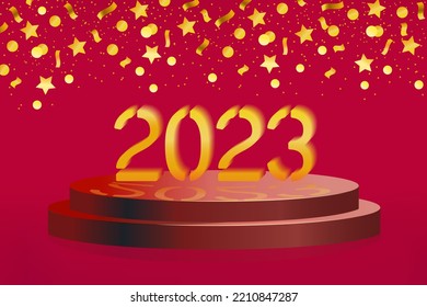 New Year 2023 in 3d style. Podium with circles, stars, ribbons on a red horizontal background. Vector illustration.