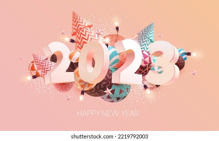 New year 2023. 3D white numbers with color christmas decoration. Festive greeting card design.