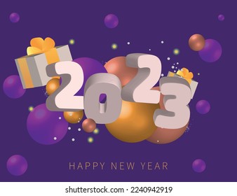 New year 2023. 3D white numbers with color christmas decoration. Festive greeting card design.