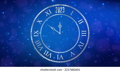 New Year 2023 background with clock. Vector illustration.