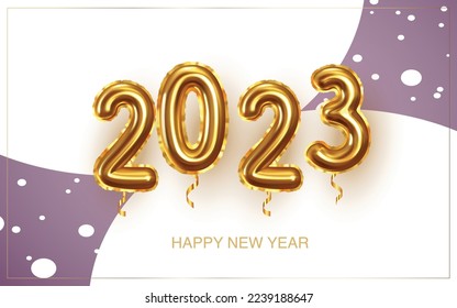 NEW YEAR 2023 BANNER WITH ILLUMINATED BACKGROUND AND GOLD SHINEY BALOON 2023 TEXT IN EDITABLE VECTOR.