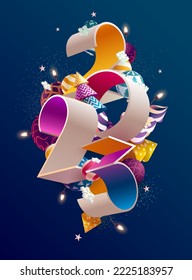 New year 2023. Bright 3D numbers with colorful Christmas decoration. Greeting card design.