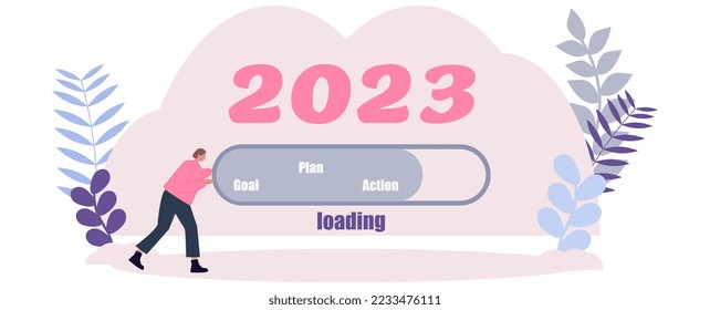 New Year 2023 business year plan idea concept. Loading Goal, plan, action in 2023, flat style.