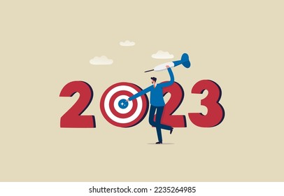 New Year 2023 for business target. 
Set goals aimed at business success. Businessman holding a darts aiming at the target. Illustration